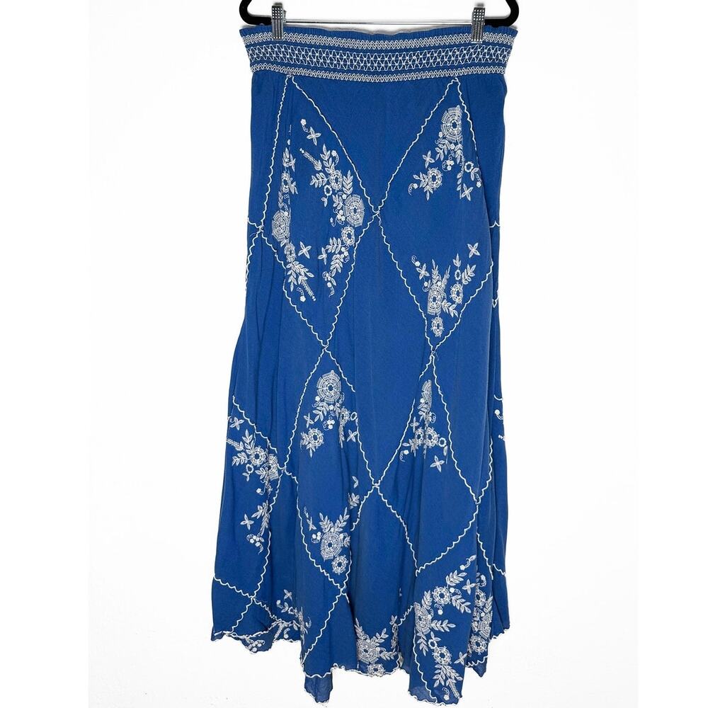 Anthropologie X Meadow Rue Women's Ping Blue Embroidered Maxi Skirt Boho Peasant - Picture 3 of 10
